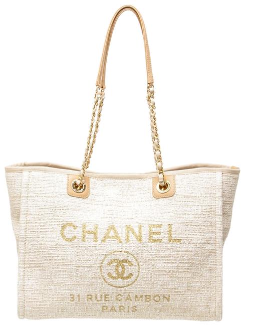Chanel Deauville Bag 487183 Cream and Tan Canvas Leather Tote