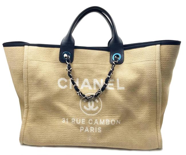 Chanel Deauville Bag Beige Cloth Black Large Beige black Canvas Leather Tote