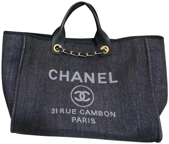 Chanel Deauville Bag Large Shopping Denim Black Raphia Calfskin Tote