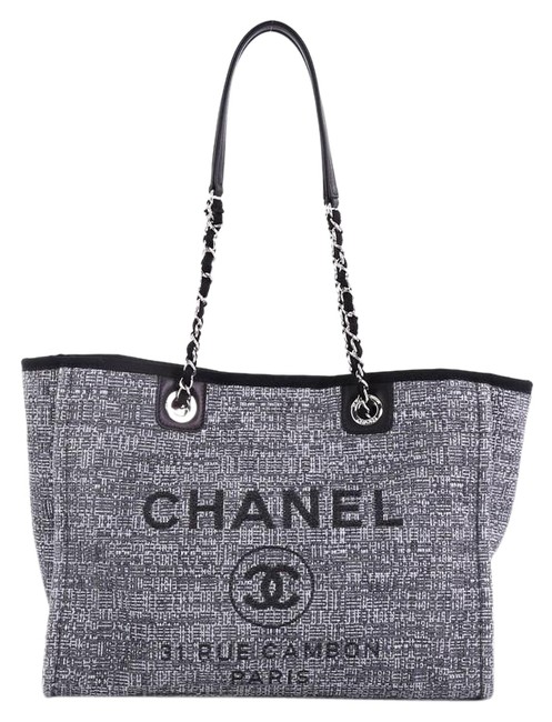 Chanel Deauville Chain Raffia Small Gray Leather Tote