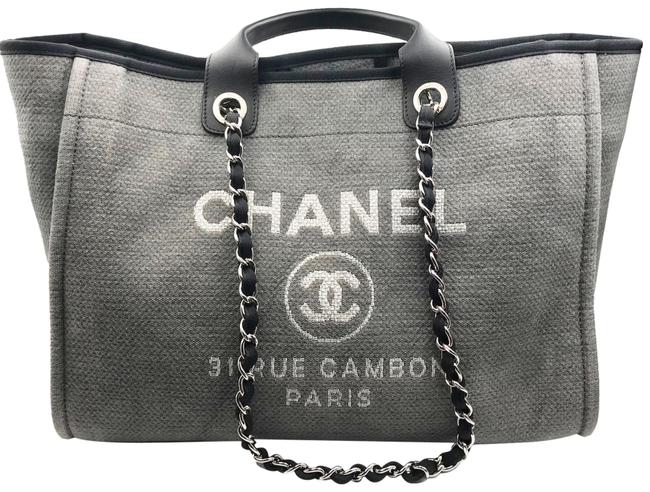 Chanel Deauville Bag Large Black Grey Cloth Leather Tote