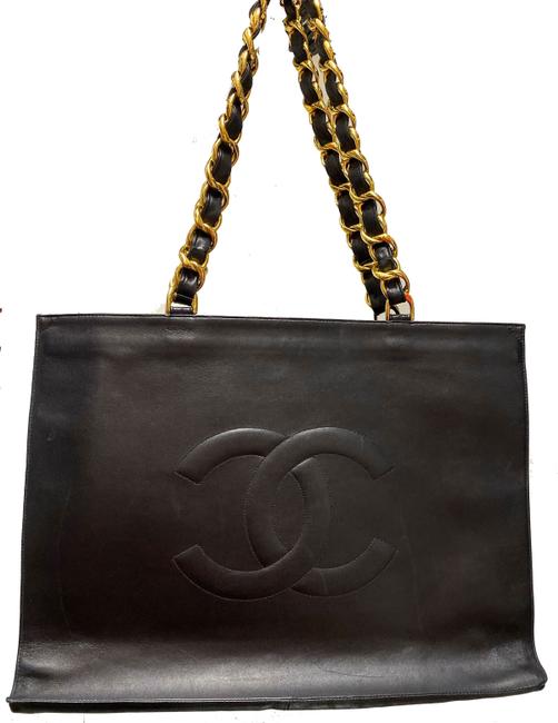 Chanel Flat Chain Handle Black Lambskin Leather Tote