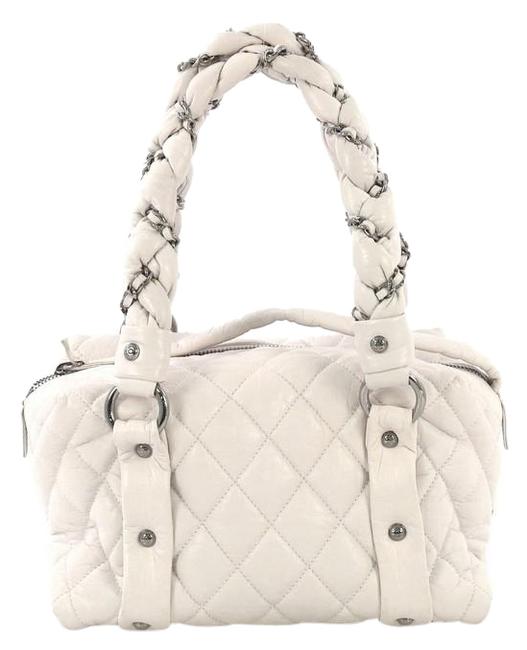 Chanel Lady Braid Bowler Quilted Distressed Small White Lambskin Leather Tote