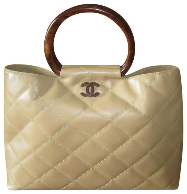 Chanel Bag Lambskin with Wooden Top Handles Beige Leather Tote