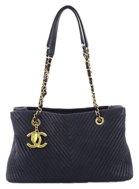 Chanel Medallion Charm Chevron Wrinkled Medium Blue Lambskin Leather Tote