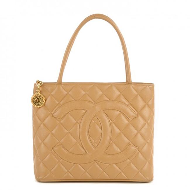 Chanel Vintage Quilted Medallion Beige Caviar Leather Tote