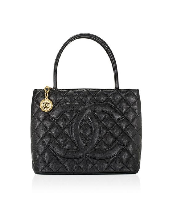Chanel Vintage Quilted Medallion Black Caviar Leather Tote