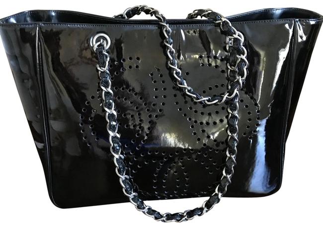 Chanel Perforated Logo Chain Strap Black Patent Leather Tote