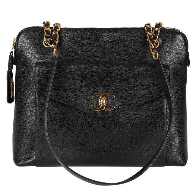 Chanel Shopping Bag Cc Caviar Skin Chain Large Shoulder 7156 Black Leather Tote