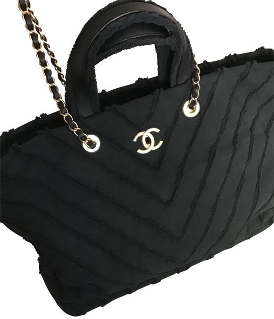Chanel Shopping Chevron Patchwork Black Canvas Tote