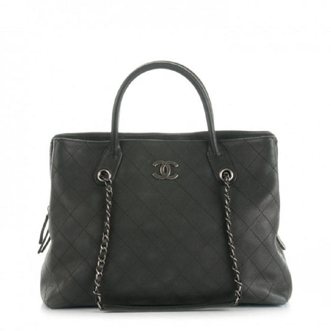 Chanel Shopping Grained Vegetal Stitched Black Calfskin Leather Tote