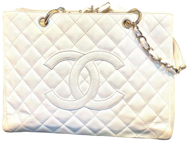 Chanel Shopping Grand Caviar Quilted 14la530a White Leather Tote