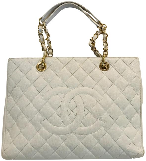 Chanel Shopping Gst Grand White Leather Tote