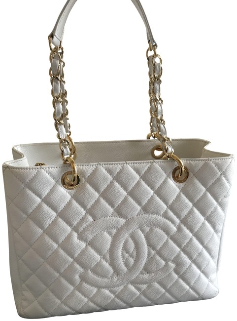 Chanel Shopping Quilted White Leather Caviar Tote