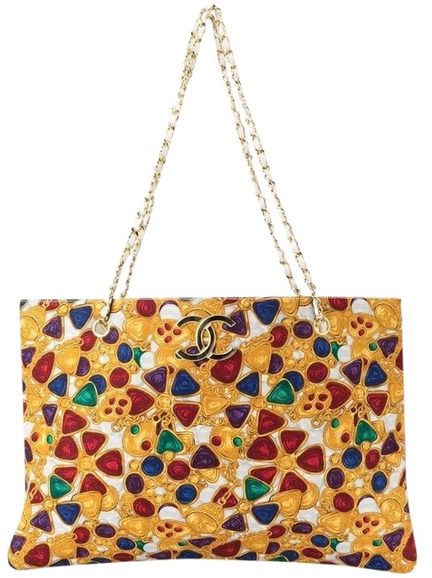 Chanel Shopping Rare Vintage Canvas Print Multicolor Tote