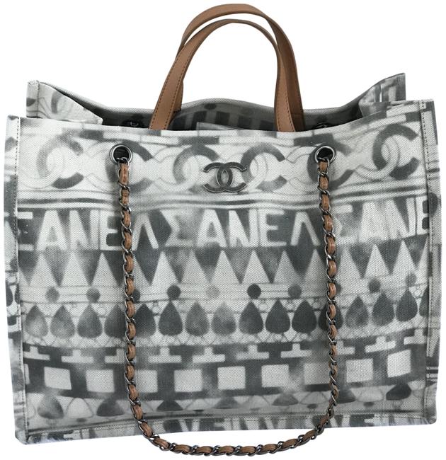 Chanel Shopping New Large Iliad White Grey Brown Canvas Tote