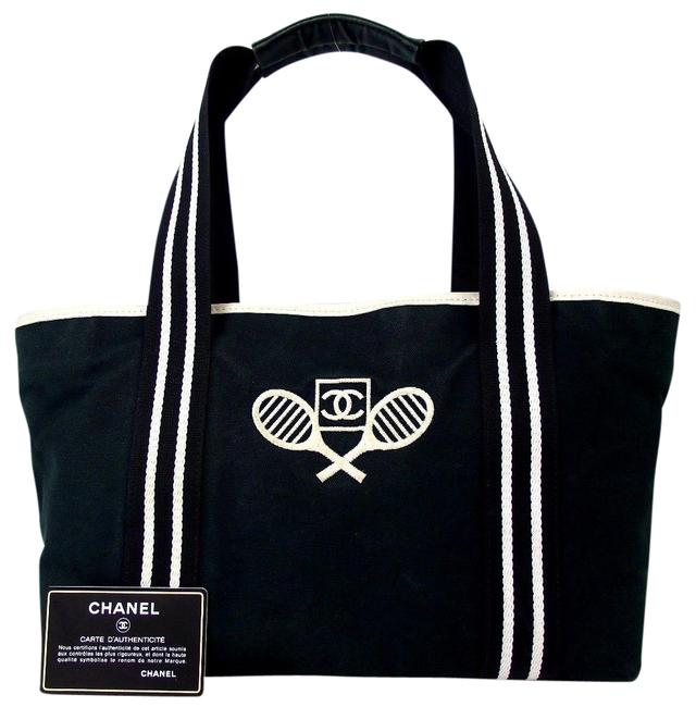 Chanel Bag Tennis Line Cc Shoulder Vintage Italy Black Stripes Canvas Tote