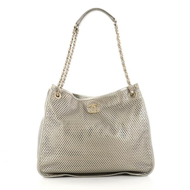 Chanel Up In The Air Perforated Pewter Leather Tote