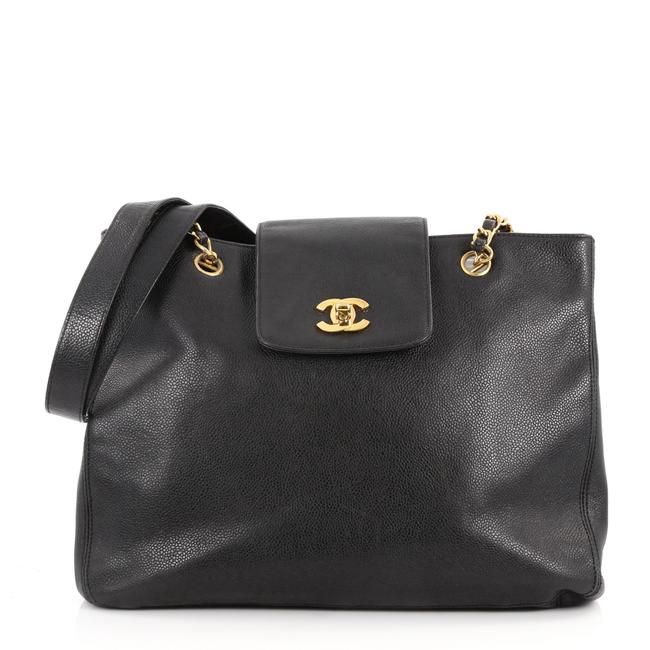 Chanel Vintage Cc Lock Flap Caviar Medium Black Leather Tote