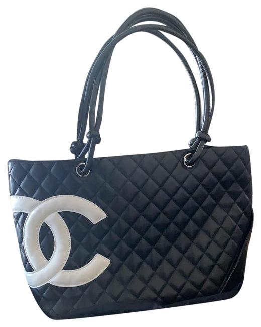 Chanel Vintage Cc Monogram Black  White Lambskin Leather Tote