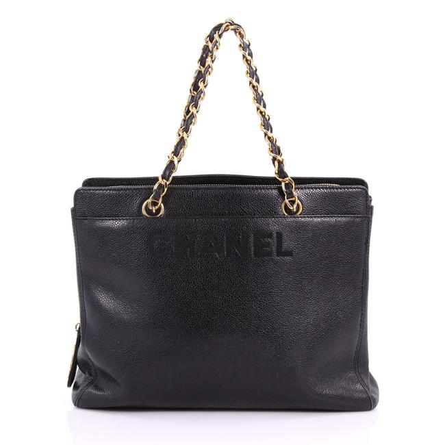 Chanel Vintage Logo Chain Caviar Medium Black Leather Tote