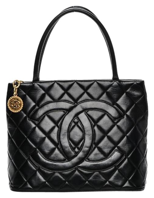 Chanel Vintage Quilted Medallion Black Lambskin Leather Tote